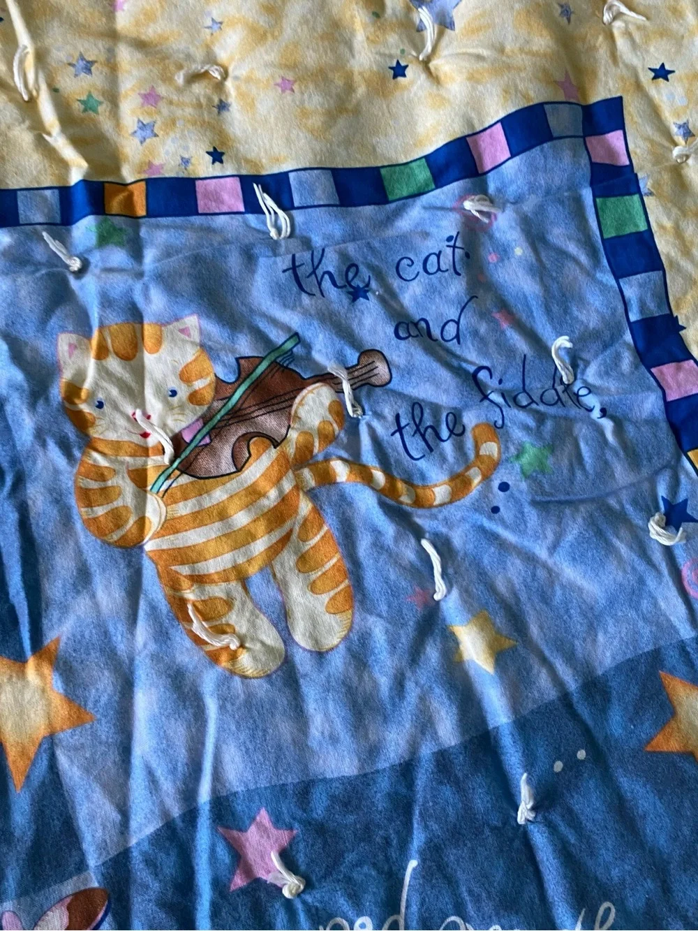 Vtg Hey Diddle Diddle Nursery Rhyme Baby Blanket Stars Cow Celestial Moon Dog